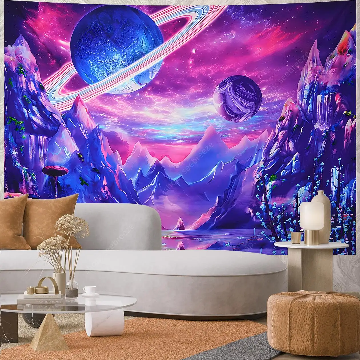 Planet UV Reactive Tapestry Galaxy Space Tapestry for Hippie Room Decor Aesthetic Psychedelic Home Wall Decor Boho Ceiling Decor