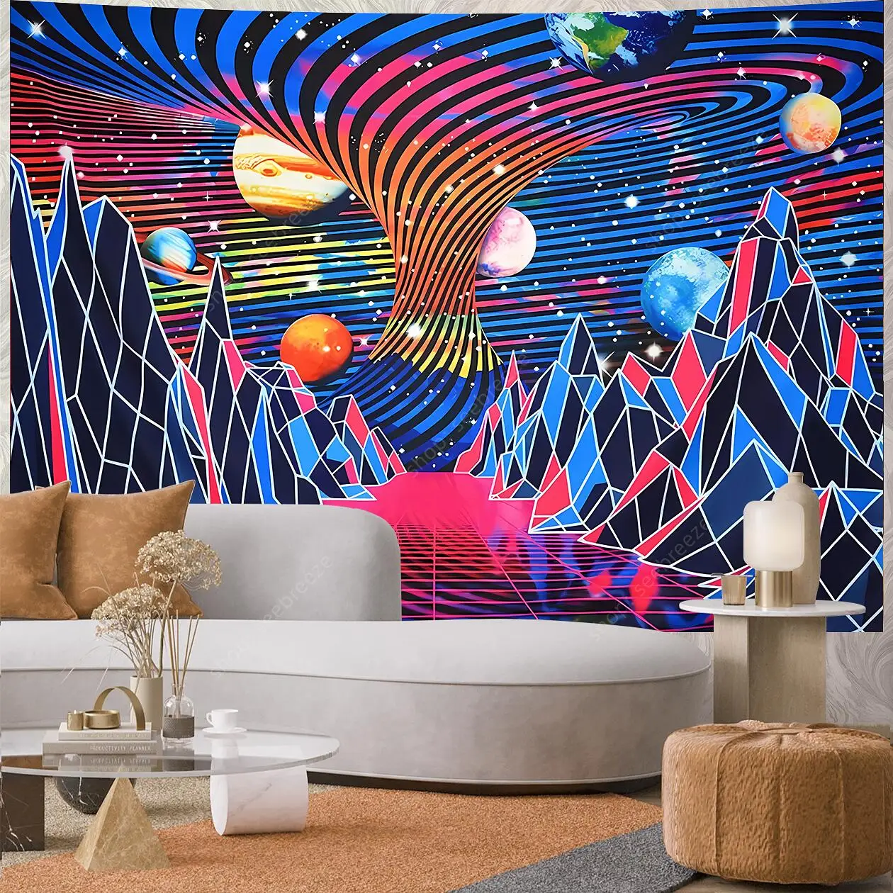 Planet UV Reactive Tapestry Galaxy Space Tapestry for Hippie Room Decor Aesthetic Psychedelic Home Wall Decor Boho Ceiling Decor