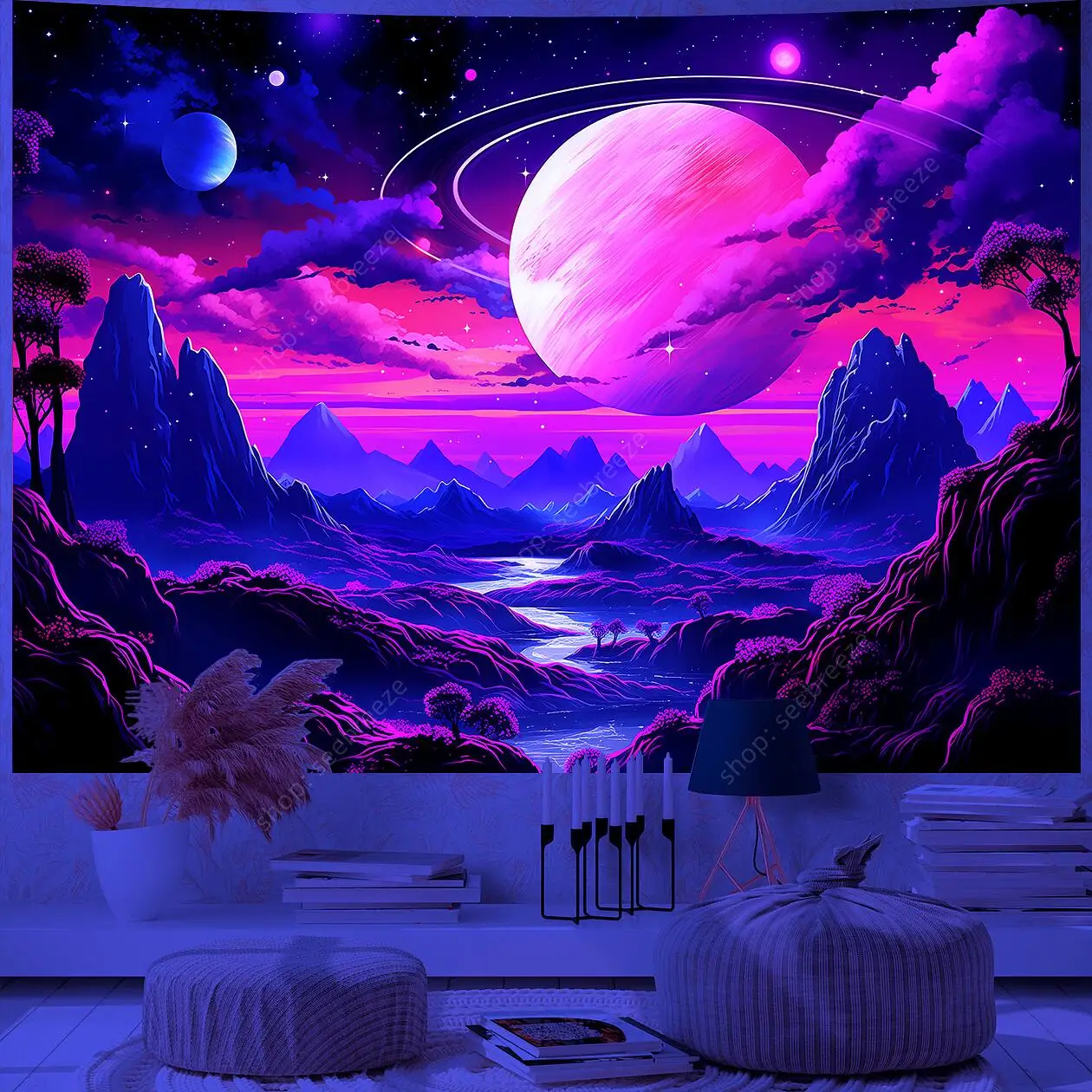 Planet UV Reactive Tapestry Galaxy Space Tapestry for Hippie Room Decor Aesthetic Psychedelic Home Wall Decor Boho Ceiling Decor