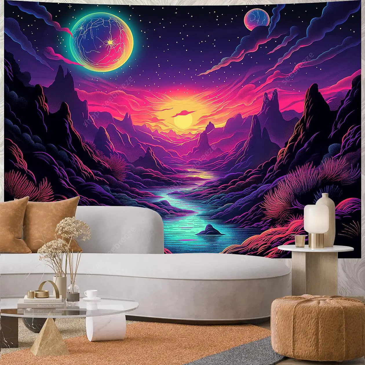 Planet UV Reactive Tapestry Galaxy Space Tapestry for Hippie Room Decor Aesthetic Psychedelic Home Wall Decor Boho Ceiling Decor