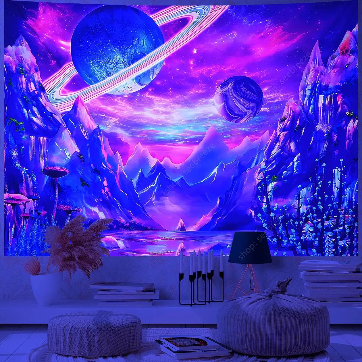 Planet UV Reactive Tapestry Galaxy Space Tapestry for Hippie Room Decor Aesthetic Psychedelic Home Wall Decor Boho Ceiling Decor