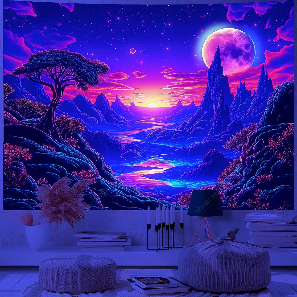 Planet UV Reactive Tapestry Galaxy Space Tapestry for Hippie Room Decor Aesthetic Psychedelic Home Wall Decor Boho Ceiling Decor