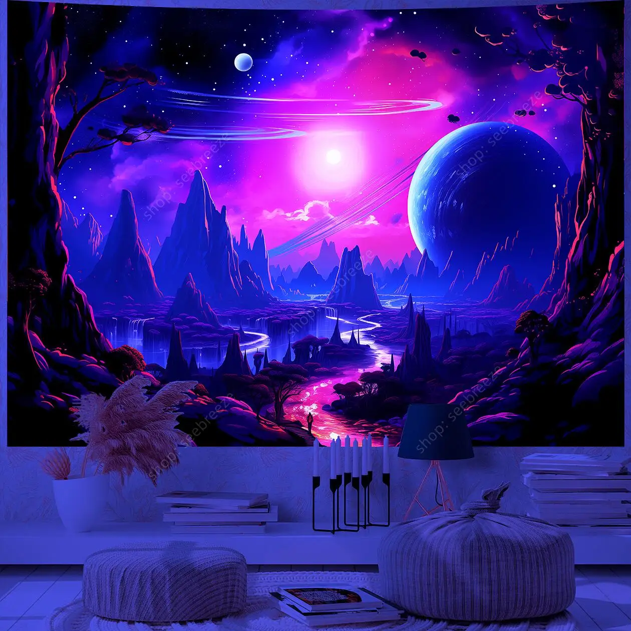 Planet UV Reactive Tapestry Galaxy Space Tapestry for Hippie Room Decor Aesthetic Psychedelic Home Wall Decor Boho Ceiling Decor
