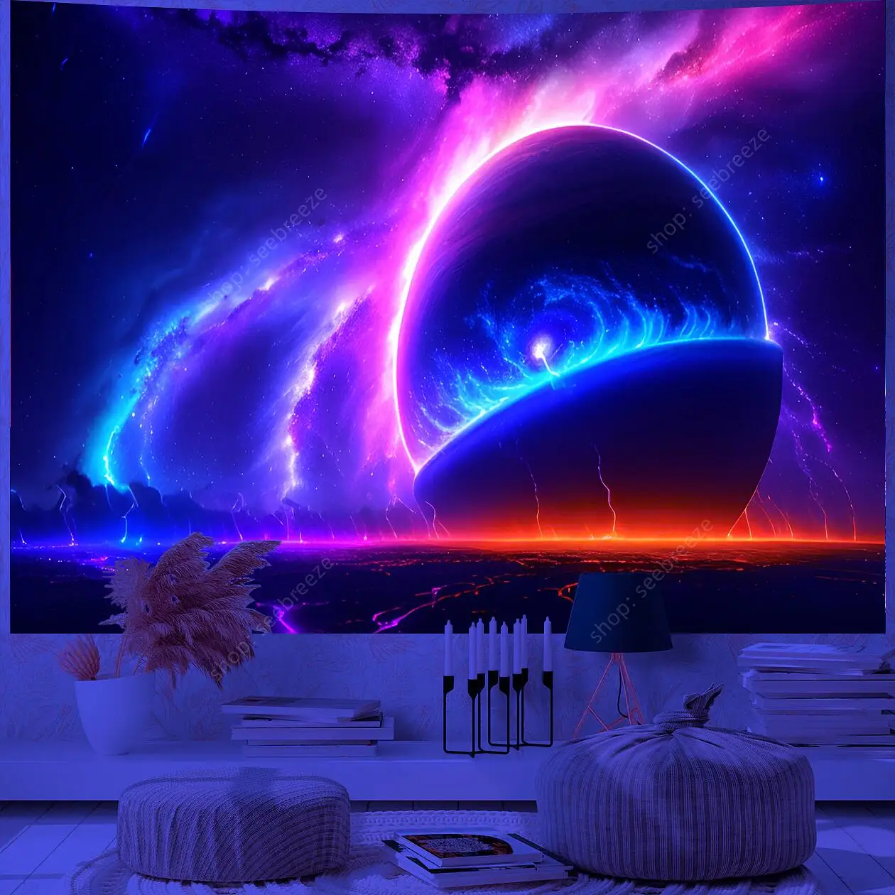 Planet UV Reactive Tapestry Galaxy Space Tapestry for Hippie Room Decor Aesthetic Psychedelic Home Wall Decor Boho Ceiling Decor
