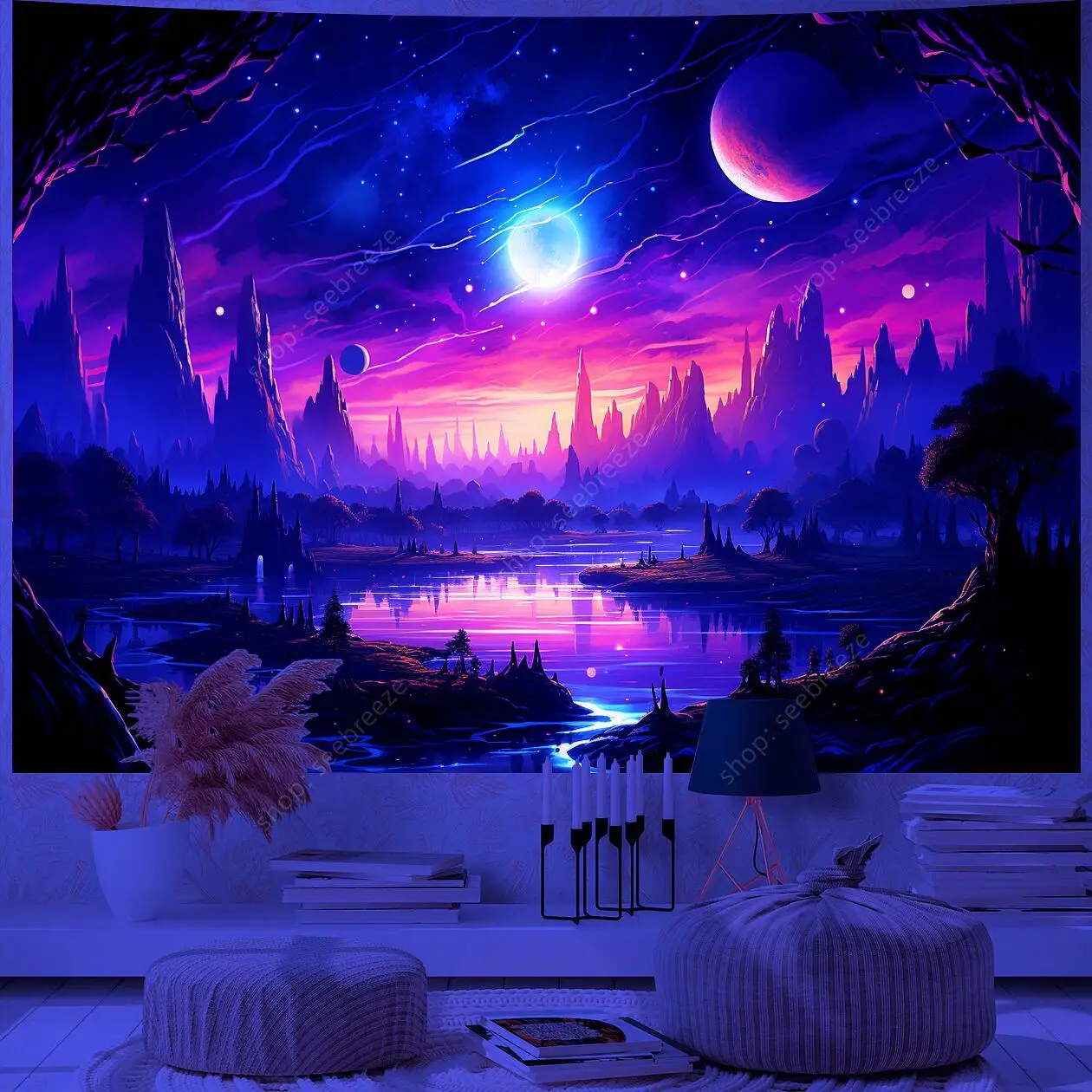 Planet UV Reactive Tapestry Galaxy Space Tapestry for Hippie Room Decor Aesthetic Psychedelic Home Wall Decor Boho Ceiling Decor