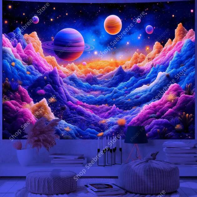 Planet UV Reactive Tapestry Galaxy Space Tapestry for Hippie Room Decor Aesthetic Psychedelic Home Wall Decor Boho Ceiling Decor