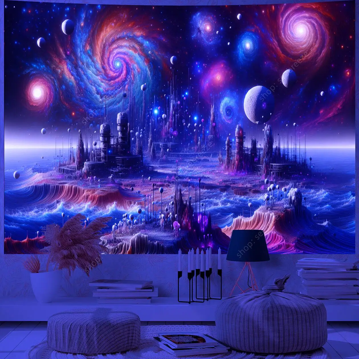 Planet UV Reactive Tapestry Galaxy Space Tapestry for Hippie Room Decor Aesthetic Psychedelic Home Wall Decor Boho Ceiling Decor