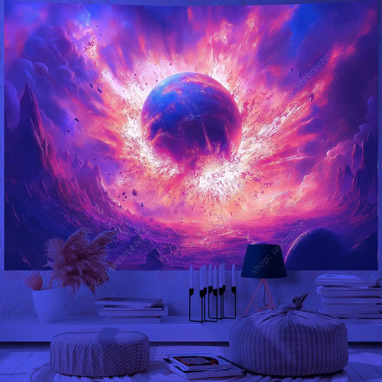 Planet UV Reactive Tapestry Galaxy Space Tapestry for Hippie Room Decor Aesthetic Psychedelic Home Wall Decor Boho Ceiling Decor