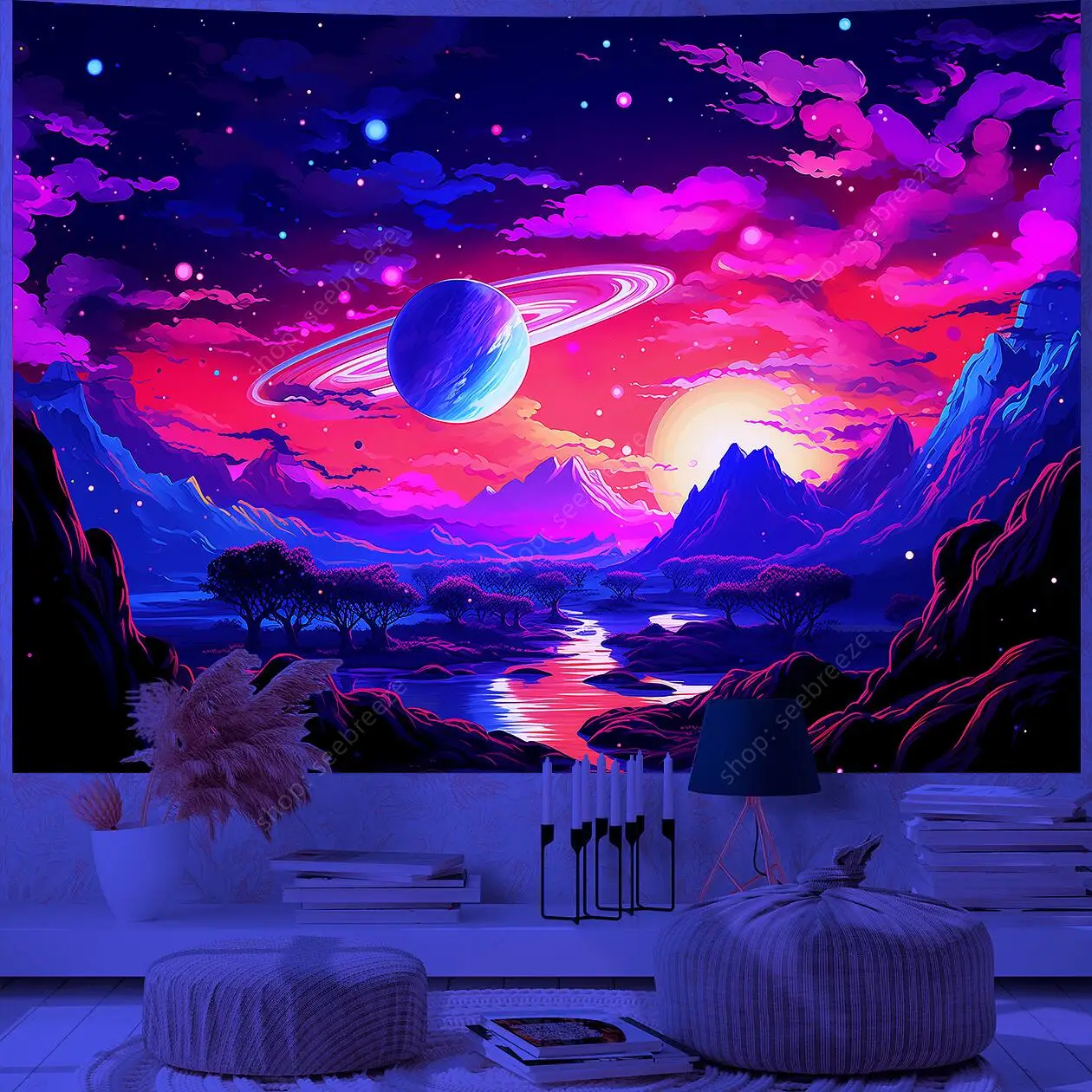 Planet UV Reactive Tapestry Galaxy Space Tapestry for Hippie Room Decor Aesthetic Psychedelic Home Wall Decor Boho Ceiling Decor