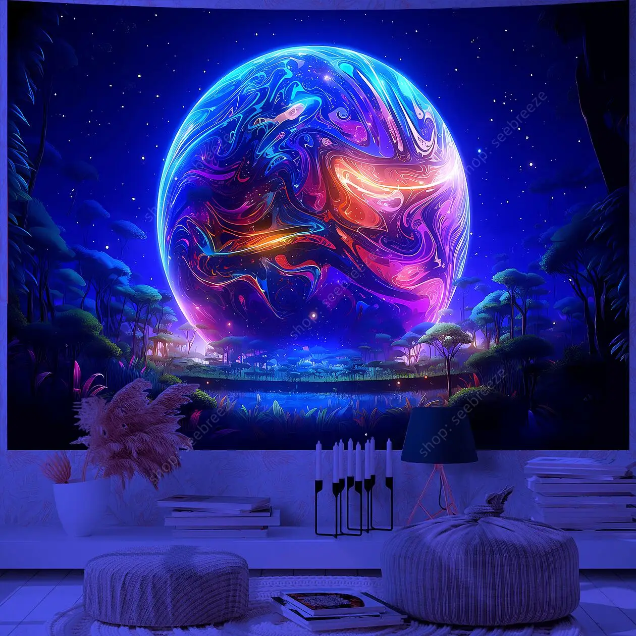 Planet UV Reactive Tapestry Galaxy Space Tapestry for Hippie Room Decor Aesthetic Psychedelic Home Wall Decor Boho Ceiling Decor