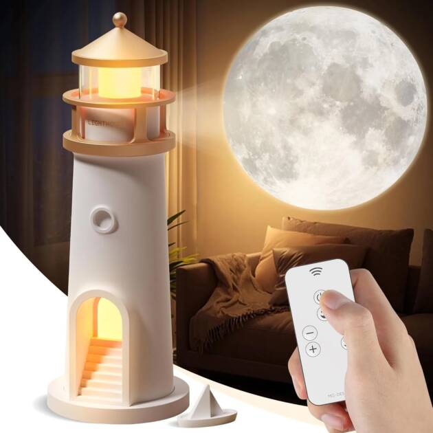 Moon Lamp Projector Night Light Lighthouse Decor Light Galaxy Projector Rechargeable LED Aesthetic Table Lamp for Kids Boys Girl
