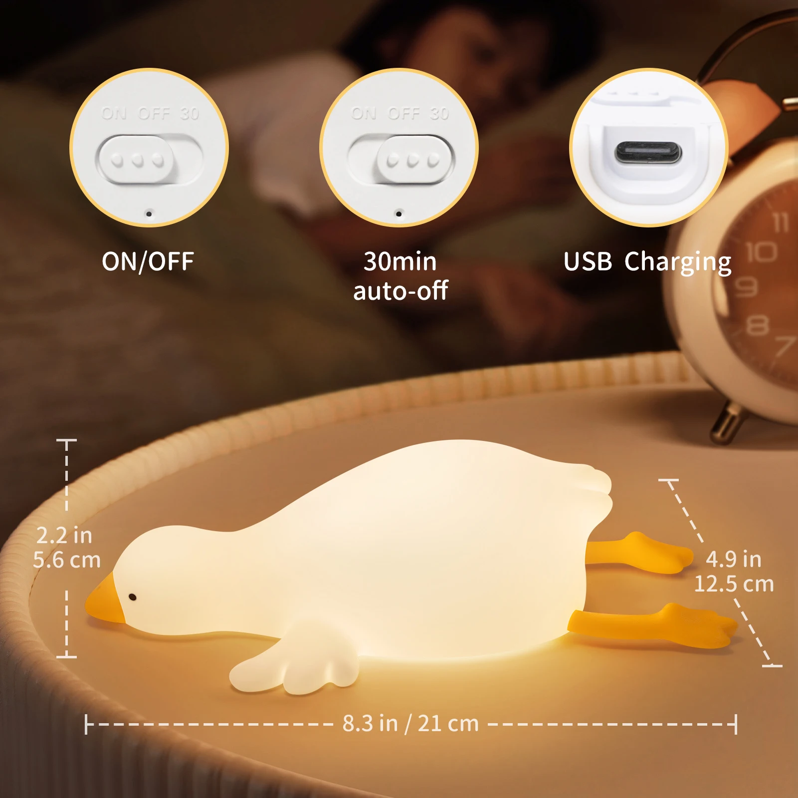Duck Night Light for Kids Bedroom, 3 Lightness Auto-Off LED Rechargeable Silicone Squishy Tap Control, Nursery Lamp for Baby