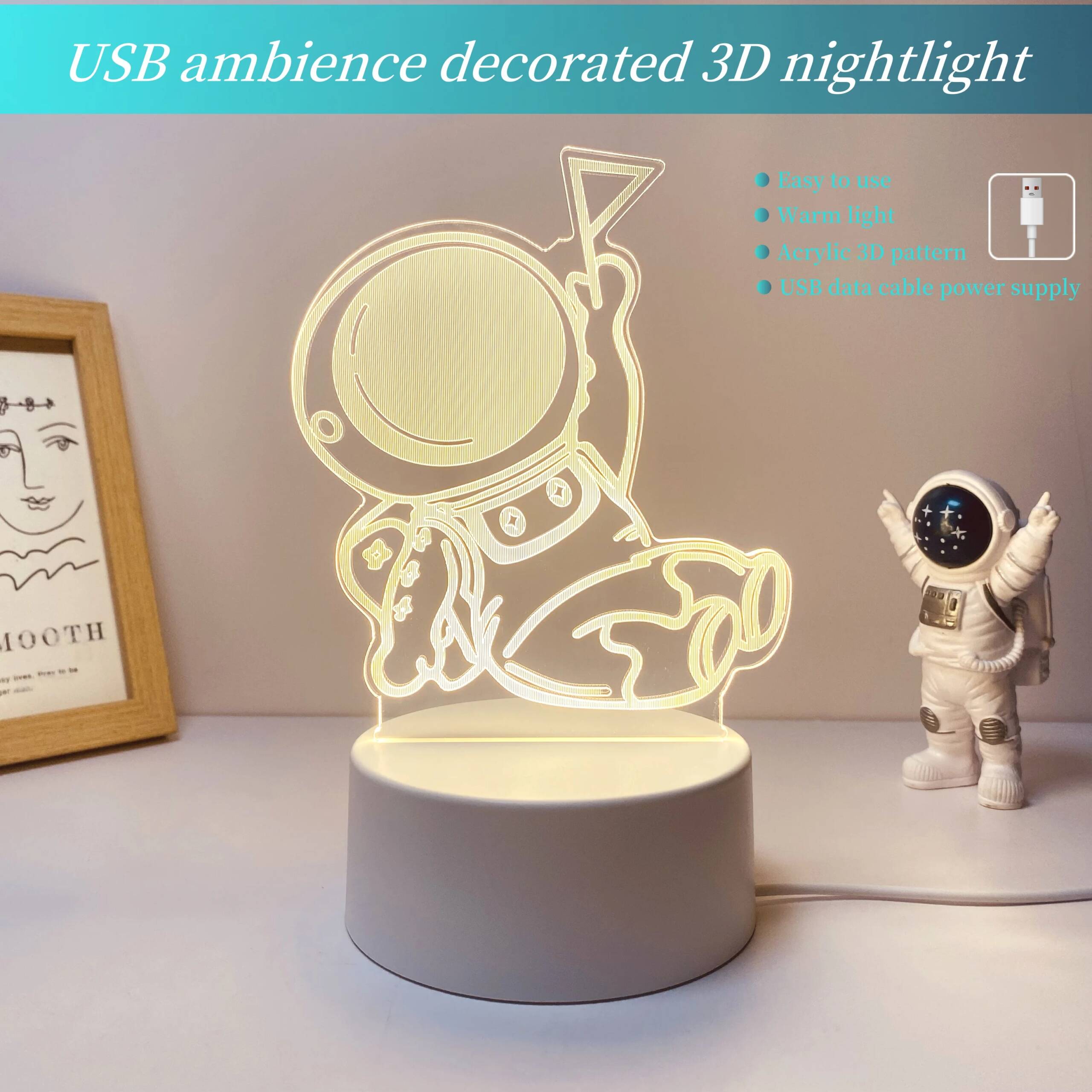 1pcs space astronaut 3D nightlight, USB interface, bedroom atmosphere light, birthday, holiday gift table light for friends.